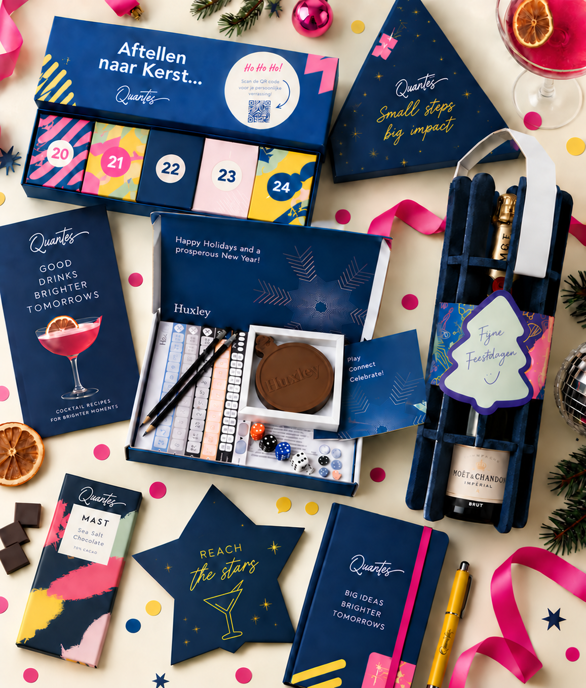 Collage van eindejaarsgeschenken, verpakkingen en kaarten